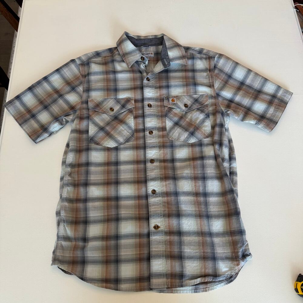 Carhartt Relaxed Fit Plaid Button Up Short Sleeve Shirt Brown Grey Medium Work